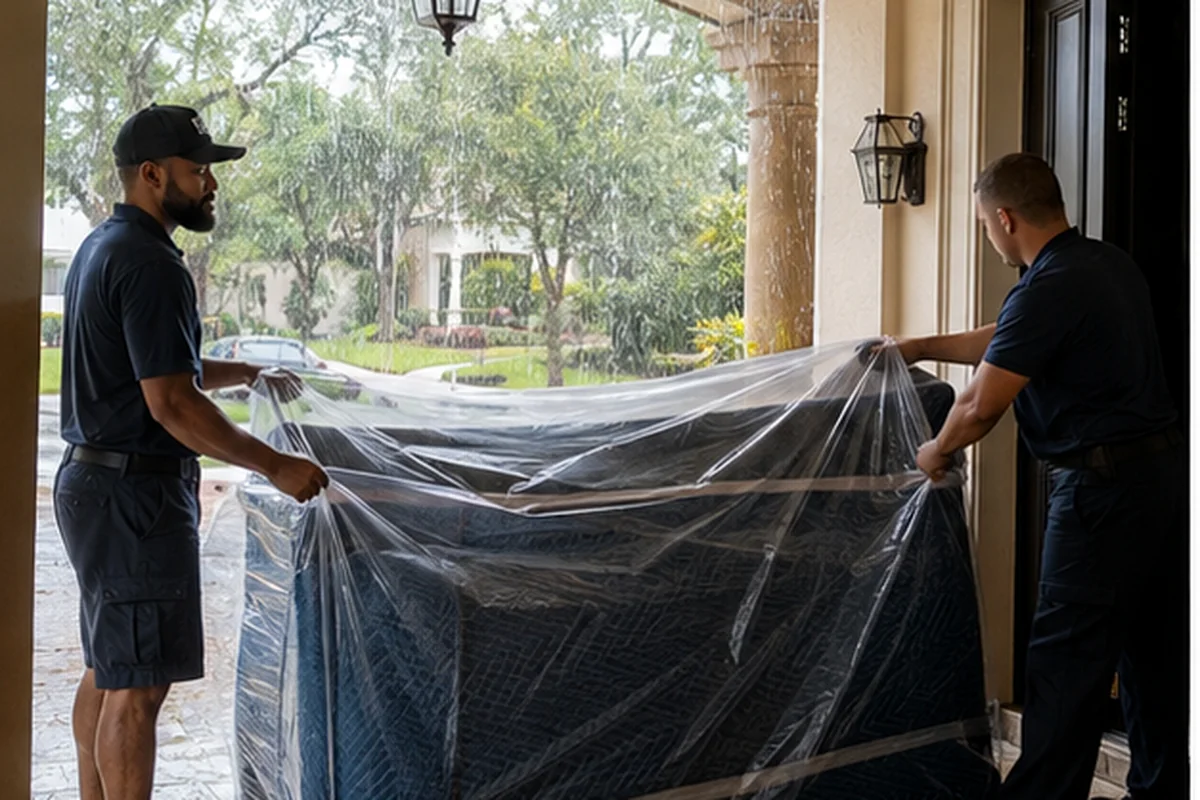 Jacksonville movers protecting furniture at a covered entrance during light rain
