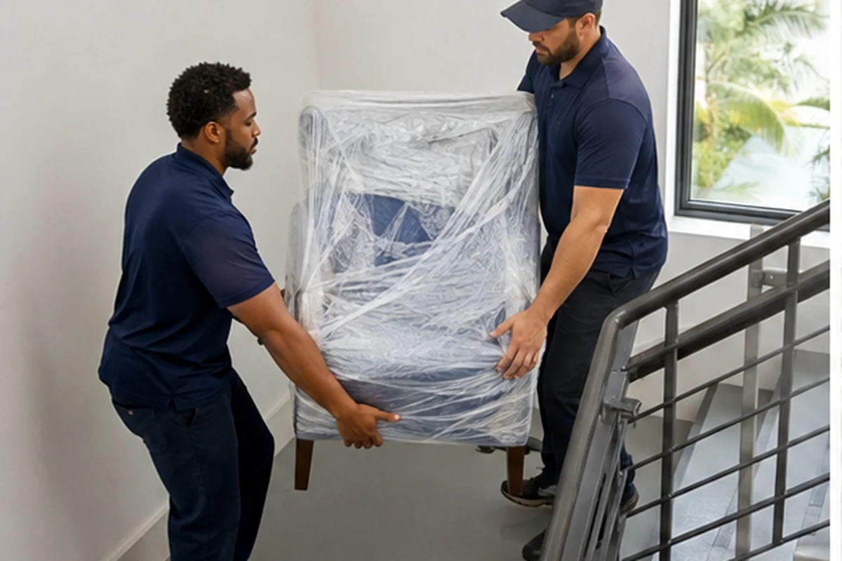 Jacksonville apartment movers carrying protected furniture on stairs