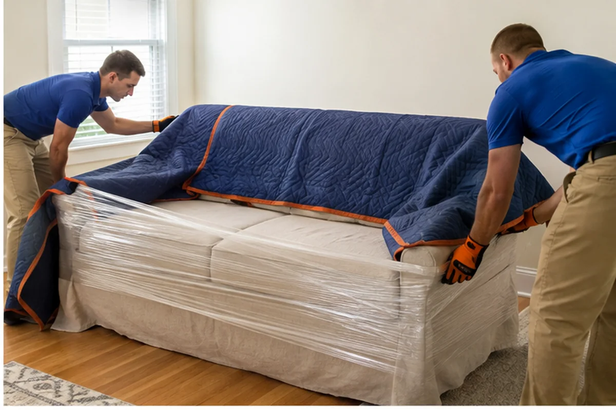 Jacksonville movers applying blankets and wrap to a sofa