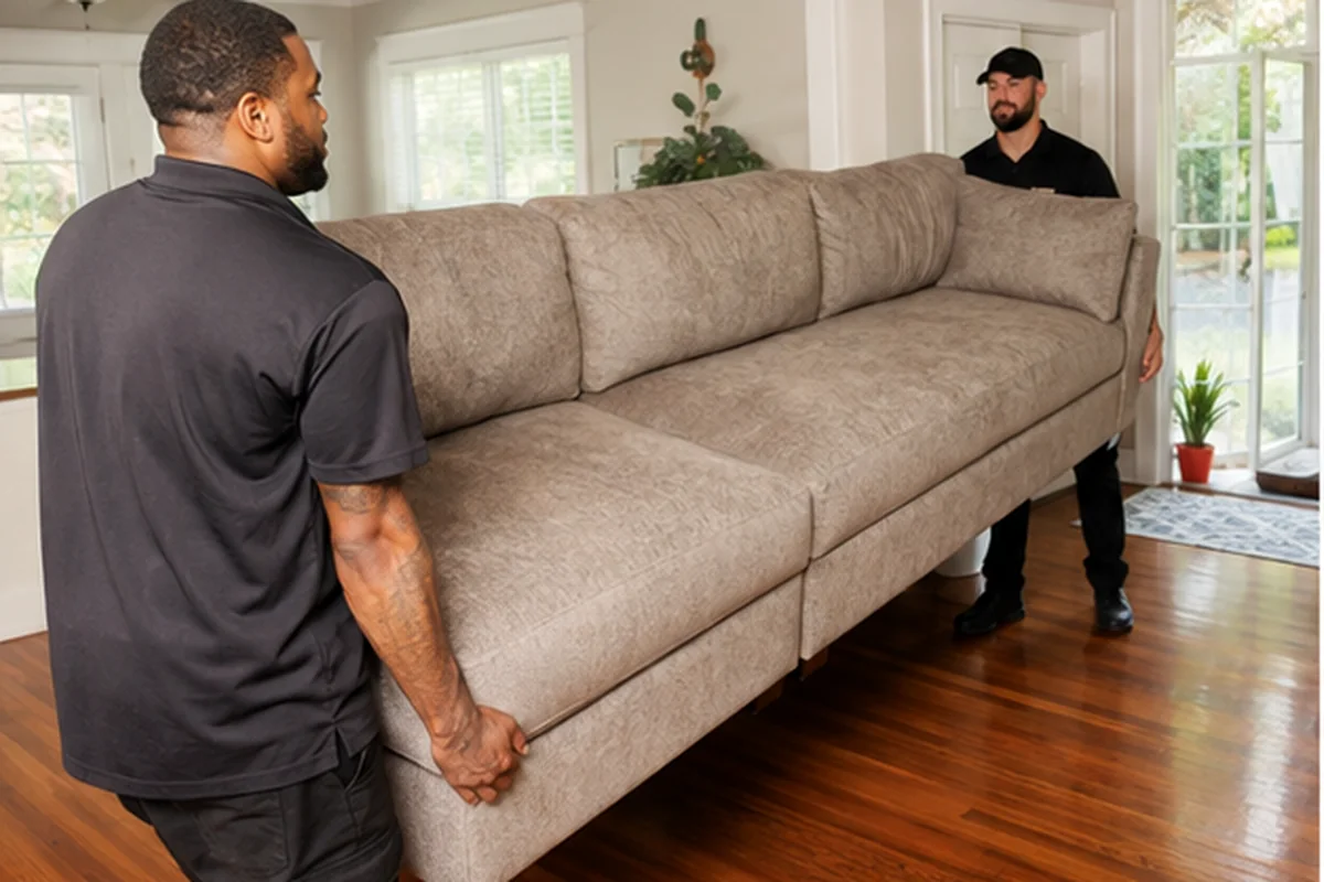 Jacksonville house movers carrying a sectional through a prepared room