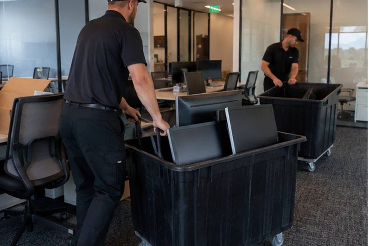 Jacksonville office movers relocating protected monitors in rolling bins